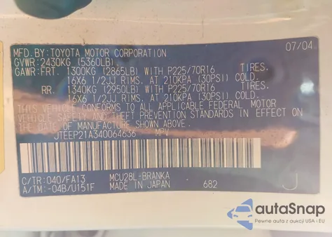 2004 Toyota Highlander V6 from USA, damaged, VIN JTEEP21A340064636